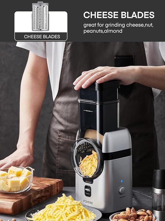 FOHERE Electric Cheese Grater, Upgraded 6-IN-1 Large Feed Chute Electric Vegetable Slicer with Different Blades and Storage Box, Cheese Shredder, Electric Slicer for Cheese, Fruits, Vegetables