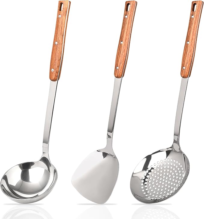 FJNATINH 3Pack Stainless Steel Wok Utensils, Heat-Resistant Wok Spatula and Stainless Steel Ladle Spoon and Kitchen Skimmer for Serving, Turning, Cooking, Soup, Draining