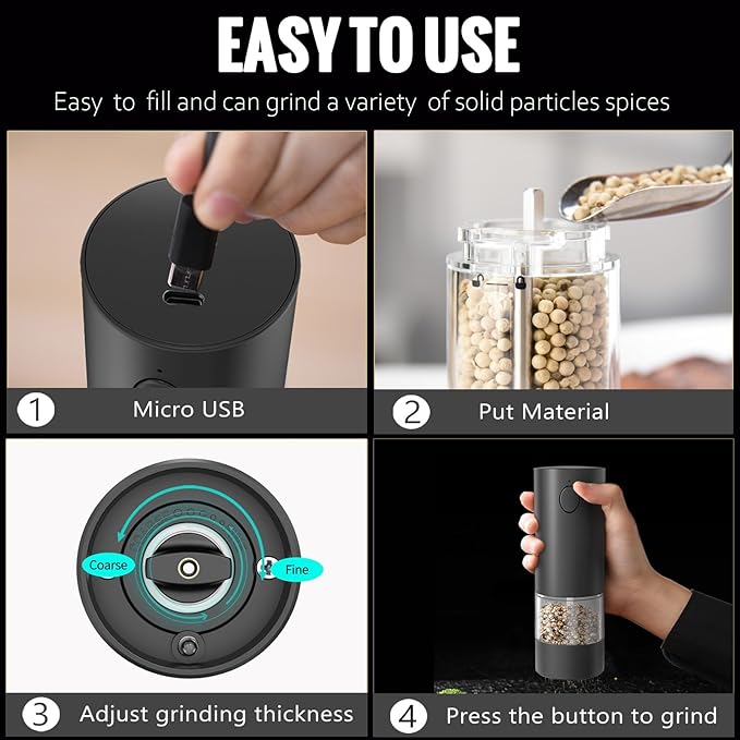 Electric Pepper Grinder, Rechargeable Automatic Pepper Mill Grinder with Led Light, One Hand Operation, One-Button Control, Adjustable Coarseness, Refillable 70ml, Black(1 Pack)