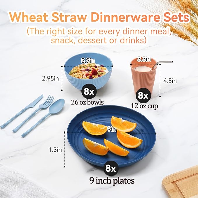 Hommaly Wheat Straw Dinnerware Sets,56-Piece Plates and Bowls Sets for 8-Unbreakable,Reusable Plastic Dish Set-Dinner Plate/Cereal Bowl/Cup/Utensils-Dishwasher Safe 56P-Seaside Road