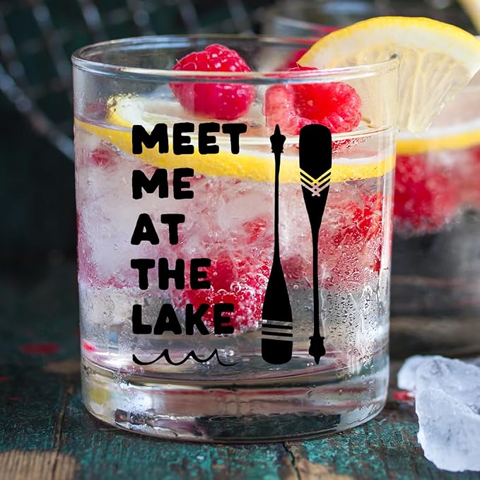 kunlisa Lake Lovers Gifts Whiskey Glasses, Lake House Decor and Gifts, Meet Me at the Lakes 10 oz Drinking Rocks Glasses for Women Men Whisky Cocktail Scotch Bourbon Liquor