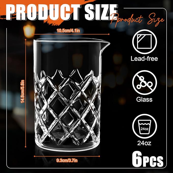 Dandat Cocktail Mixing Glass Crystal Stirring Glass Thick Bottom Seamless Cocktail Pitcher for Home Bartender Bar Whiskey Martini Drink Shaker Accessories (6 Pcs,24 oz)