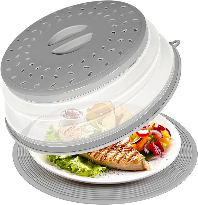 2 In 1 Microwave Splatter Cover & Silicone Mat, Vented Collapsible Microwave Cover for Food, Splatter Guard Dish Plate Lid, Kitchen Colander, 10 Inch Round Silicone Trivet Mat (Grey)