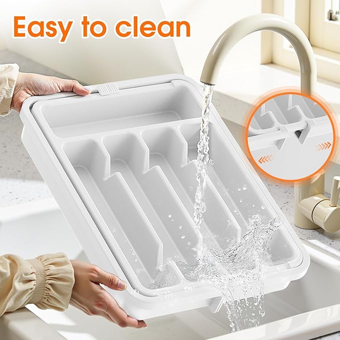 Silverware Organizer，Adjustable & Expandable Utensil Drawer Organizer, BPA Free Utensil Holder, Cutlery Tray for Forks, Spoons, Knives in Kitchen, Medium, White