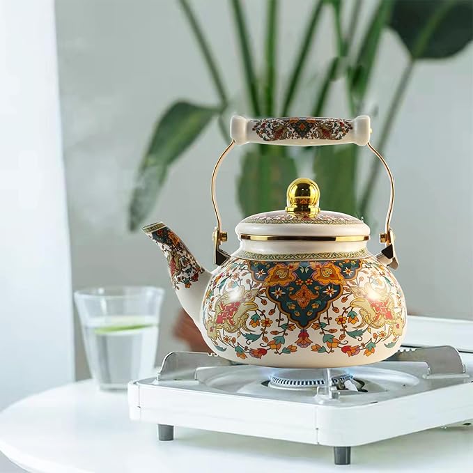 Floral Enamel Tea Kettle Vintage Gold Beige Teapot Colorful Boho Hot Water Coffee Kettle Pot 2.5L Porcelain Tea Pot with Ceramic Handle for Stovetop Hot Water Kitchen Decor