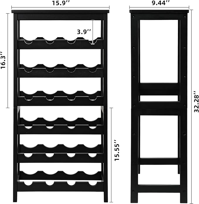 VASMIA Wine Rack Freestanding Floor, 6-Tier Display Wine Storage Shelves with Table Top, 24-Botttle Bamboo Wine Rack Shelf for Kitchen Bar Dining Room Living Room, Black