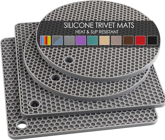 Silicone Trivet Mats, Silicone Pot Holders for Hot Pots and Pans, Heat Resistant Counter Mats for Tables, Countertops, Spoon Rest and Large Coasters, 4 Pack Gray Trivets for Hot Dishes