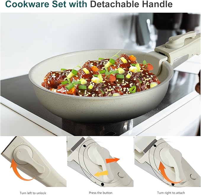 NEWBULIG 12-Piece Nonstick Kitchen Cookware Set, Pots and Pans with Detachable Handle, Induction Compatible, Dishwasher & Oven Safe, Space-Saving, Cream White