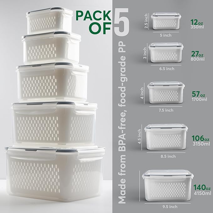 5 Set Fruit Storage Containers for Fridge with Colanders Dishwasher Safe, Leakproof Fruit and Vegetable Storage BPA-Free Plastic, Produce Storage Keep Berry Fruit Veggie Meat Fresh