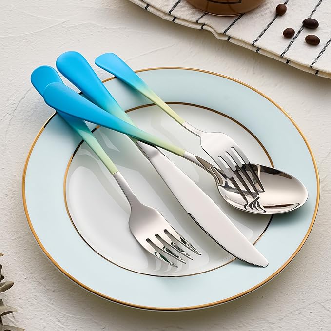 Colorful Silverware Set 20 Piece 18/0 Stainless Steel Flatware Blue and Yellow Handle Cutlery Set Service for 4 Fork Knife Spoon Set Mirror Finish Dishwasher Safe