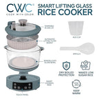 COOK WITH COLOR 3L Glass Low Carb Rice Cooker - Makes 6 Cups Cooked Low Sugar Rice with Auto Lift Filter Basket, Hotpot & Steamer for Rice, Grains and Oats, Digital Panel with Keep Warm, Slate Blue