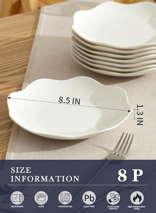 8.5 Inch Salad Plates Set of 8, Ceramic White Leave Wave Rim Small Dinner Appetizer Pasta Plate, Porcelain Dinnerware Serving Dishes for Pancakes, Steak, Pizza, Microwave, Dishwasher Safe