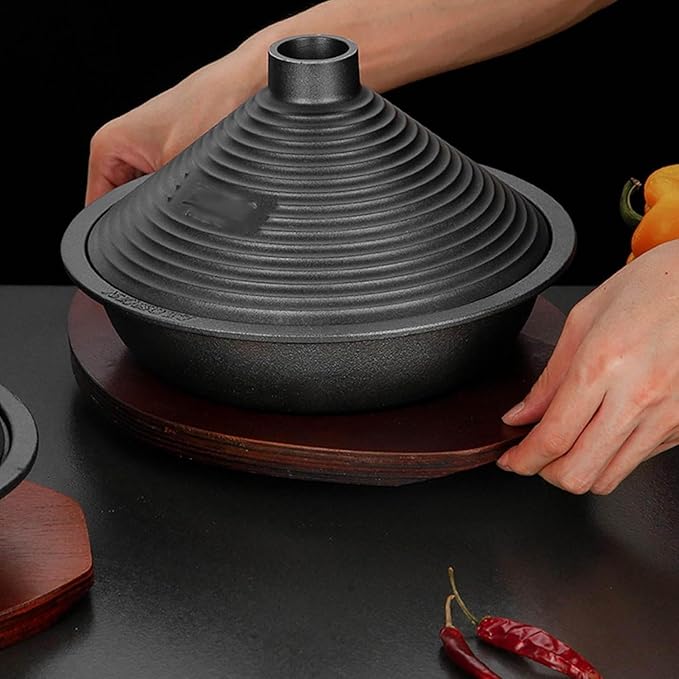 Cast Iron Moroccan Tagine Pot with Tray, Non-Stick Tagine with Conical Lid Induction Compatible Gas Stove Kitchen Essential(Size:24)