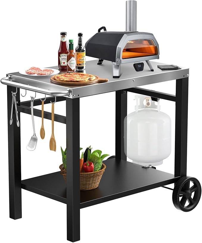 Outdoor Grill Table Cart, Movable Dining Cart, Pizza Oven Table Stand with Wheels Double-Shelf Movable Food Prep and Work Table, Fits for Ninja Ooni Blackstone Weber Q, 33.5"×21" Stainless Steel