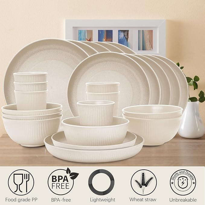 Wheat Straw Dinnerware Sets for 6, Osonm 24PCS Unbreakable Reusable Plastic Plates Bowls Cups Set, Dishwasher Microwave Safe Dishes Set for Kitchen, Dorm, Camping, RV, Picnic (Beige)