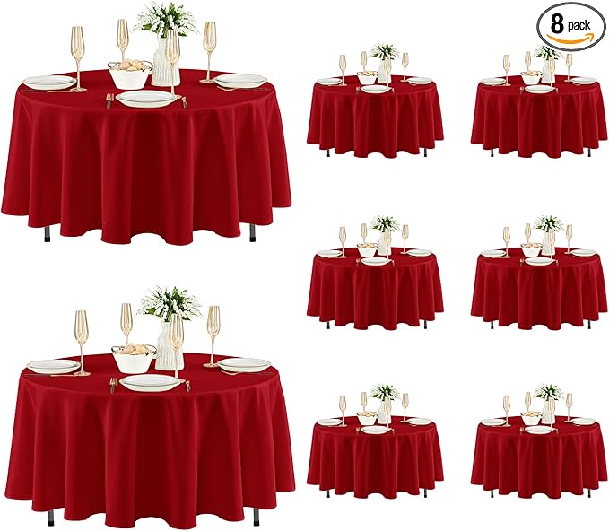 Fitable 8 Pack Round Tablecloths: Stain Resistant Wrinkle Free Circle Table Clothes, Washable Reusable Polyester Table Covers for Wedding Party Birthday Banquet Reception(Red, 84 Inch)
