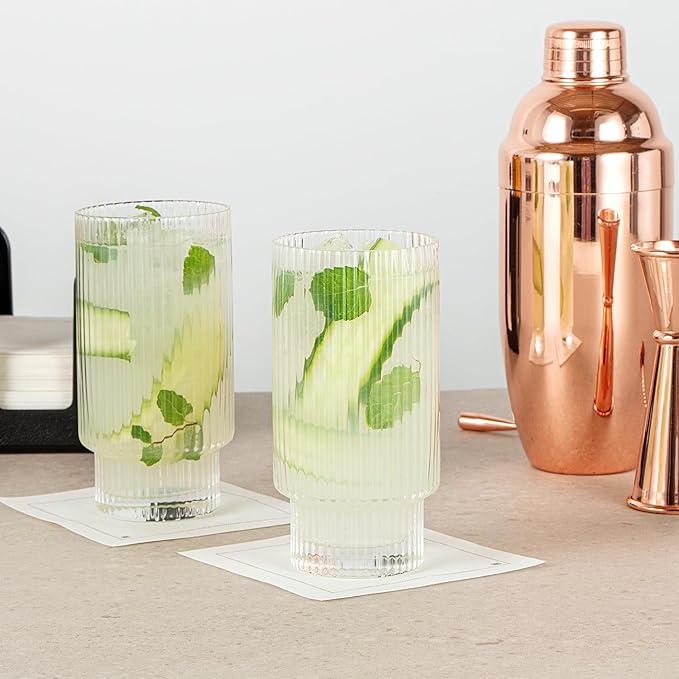 Restaurantware-Vetri 10 Ounce Highball Glasses, 24 Ribbed Drinking Glasses - No-Lead, Dishwashable, Clear Glass Tumblers For Scotch, For Drinking Liquor, Cocktail, Bourbon, Cognac, And More