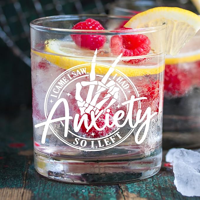 kunlisa Funny Anxiety Mental Health Whiskey Glasses, Anxiety Relief Gifts, Sarcastic Gothic Skeleton Psychology 10 oz Drinking Rocks Glasses for Women Men Whisky Cocktail Scotch Bourbon Liquor
