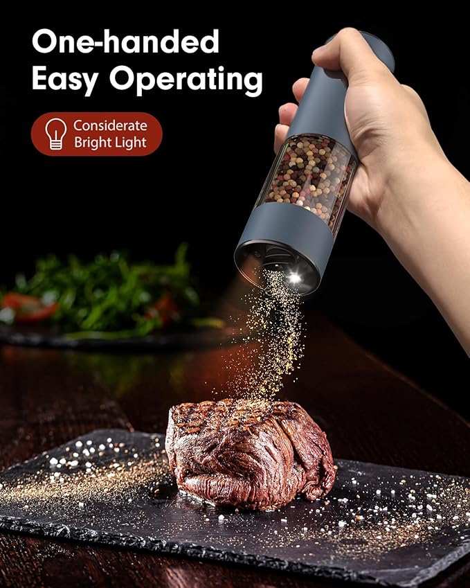 TOMEEM Upgraded Larger Capacity Electric Salt and Pepper Grinder Set Rechargeable with LED lights, Stainless Steel Automatic Pepper and Salt Grinder Refillable with 5 Adjustable Coarseness Blue