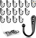 15 Pcs Black Coat Hooks - Wall Hooks for Closet Hanging, Multi-Room Use (Bathroom/Bedroom/Kitchen), Holds Coats/Towels/Scarves/Hats/Keys/Cups, Includes 30 Screws