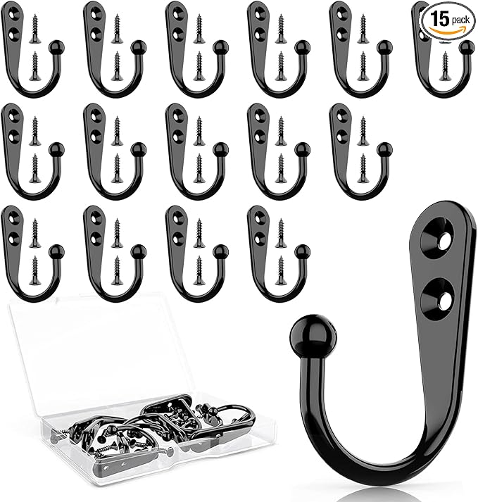 15 Pcs Black Coat Hooks - Wall Hooks for Closet Hanging, Multi-Room Use (Bathroom/Bedroom/Kitchen), Holds Coats/Towels/Scarves/Hats/Keys/Cups, Includes 30 Screws