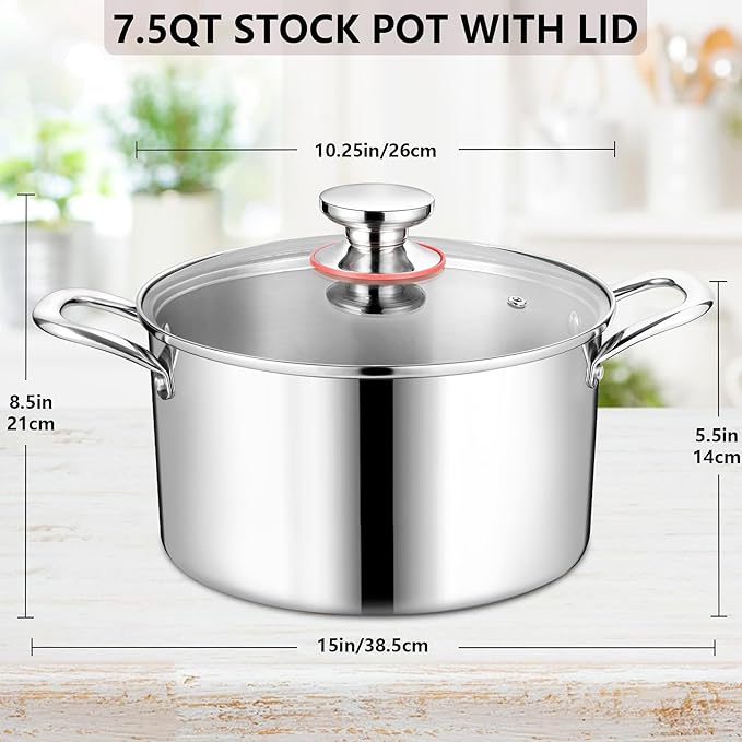 Homikit Tri-ply Stainless Steel Stockpot, 7.5 Quart Large Cooking Pot with Glass Lid, Kitchen Induction Soup Pasta Pot with Double Handle for Gas Electric Stoves, Oven and Dishwasher Safe