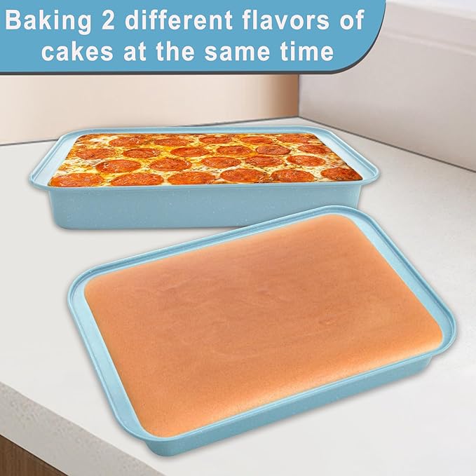 9x13 Baking Pan Set of 2, Nonstick 13 x 9 Cake Pan for Oven, Deep Rectangle Pan for Brownies, Lasagna, Roasting, Blue Carbon Steel Bakeware Gift