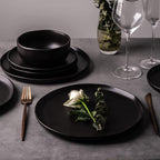 AmorArc Ceramic Dinner Salad Plates Set of 6, Wavy Rim 8.5 Inch Dish Set, The Dessert,Salad, Appetizer, Small Dinner etc Plate,Microwave, Dishwasher Safe, Scratch Resistant, Matte Black
