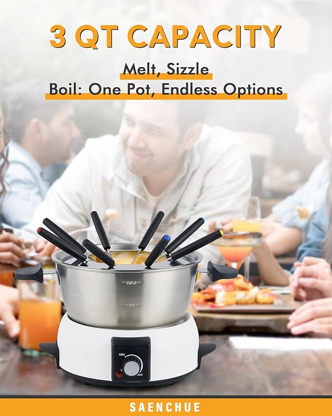 Electric Fondue Pot Set for Cheese & Chocolate - 6-Cup Stainless Steel Fondue Pot with 8 Coded Forks - 3 Mode Fondue Set Adjustable Temperature Control for Cheese, Oil and Hotpot, FD-10