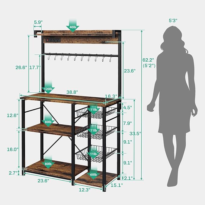 Large Bakers Rack with Power Outlets 38.8 Inches, 15 Hooks Coffee Bar with 3 Wire Basket, Microwave Stand Kitchen Storage Shelf for Spices, Cups, Pots, 38.8 x 16.3 x 62.2 in, Rustic Brown