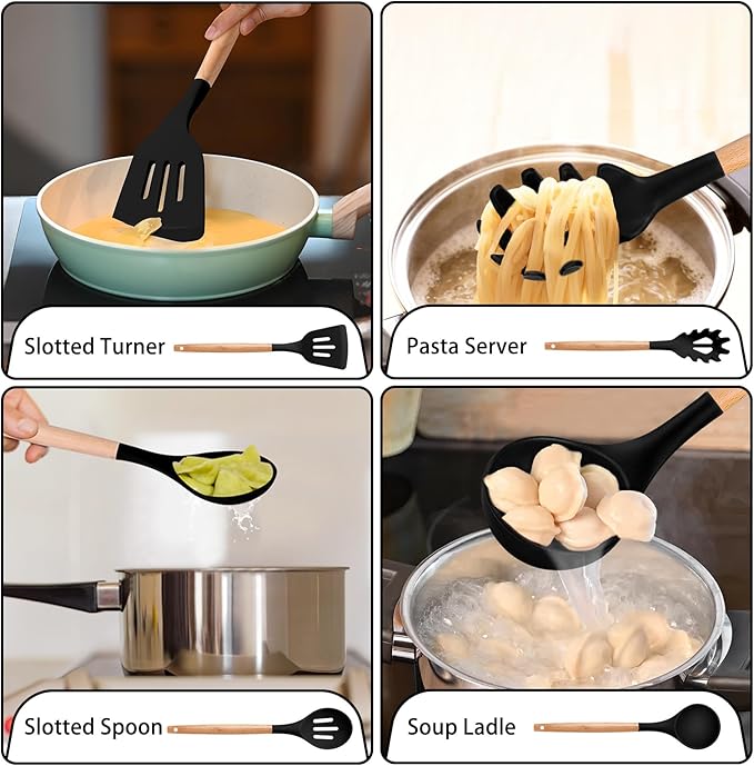 P&P CHEF Silicone Cooking Utensils Set, 8-Piece Kitchen Cooking Utensil with Wooden Handle, Silicone Spatula for Nonstick Cookware, Heat-proof & Easy Clean, Black