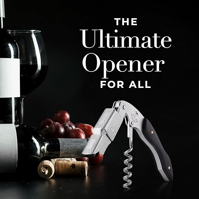 Zulay Kitchen Corkscrew Wine Opener - Premium 420 Stainless Steel & Ebony Wood Wine Bottle Opener - Double Hinged Opener with Foil Cutter & Cap Remover - Ebony Wood