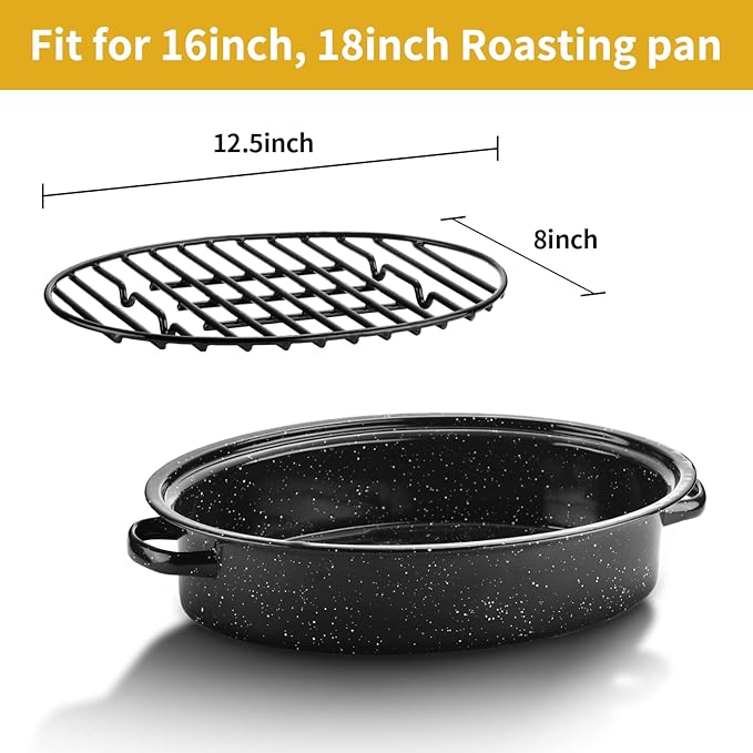 Roasting Rack, Black with Integrated Feet, Enamel Finished, Nonstick, fit for 15 inches oval roasting pan, safety, dishwasher, Great for Basting, Cooking, Drying, Cooling rack. (12.5”x 8.5”)