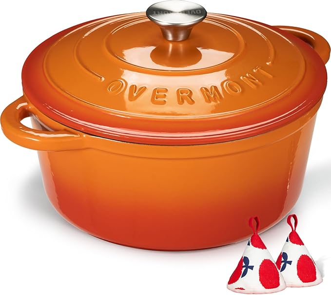Overmont Enameled Cast Iron Dutch Oven - 7QT Pot with Lid Cookbook & Cotton Potholders - Heavy-Duty Cookware for Braising, Stews, Roasting, Bread Baking orange
