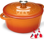 Overmont Enameled Cast Iron Dutch Oven - 7QT Pot with Lid Cookbook & Cotton Potholders - Heavy-Duty Cookware for Braising, Stews, Roasting, Bread Baking orange