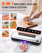 Food Vacuum Sealer Machine, 75kpa Powerful Food Saver Vacuum Sealer Machine with Cutter, 6-in-1 Automatic Air Sealing for Food Storage, Sous Vide, Meat, Vegetables, Dry/Moist Modes