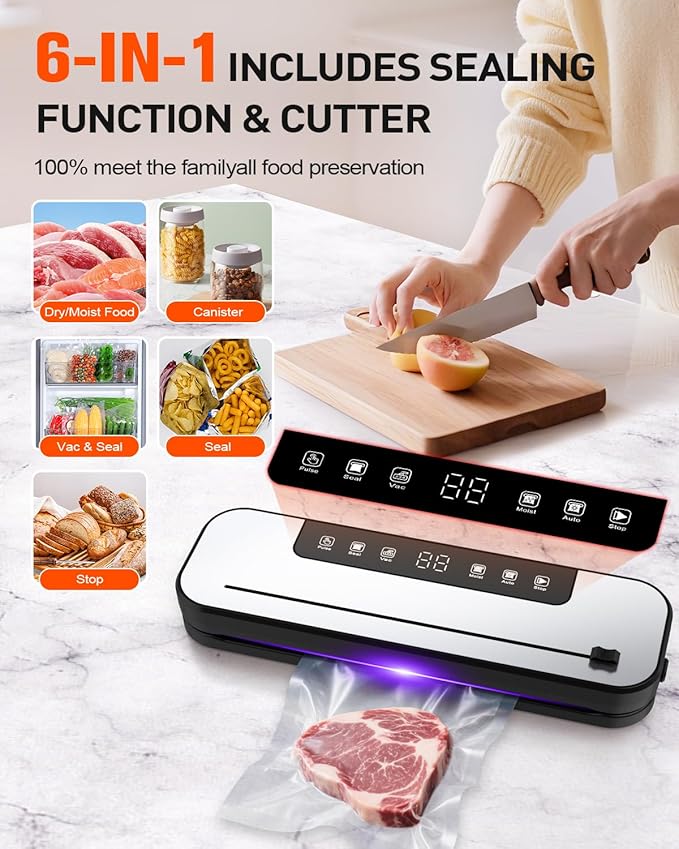 Food Vacuum Sealer Machine, 75kpa Powerful Food Saver Vacuum Sealer Machine with Cutter, 6-in-1 Automatic Air Sealing for Food Storage, Sous Vide, Meat, Vegetables, Dry/Moist Modes