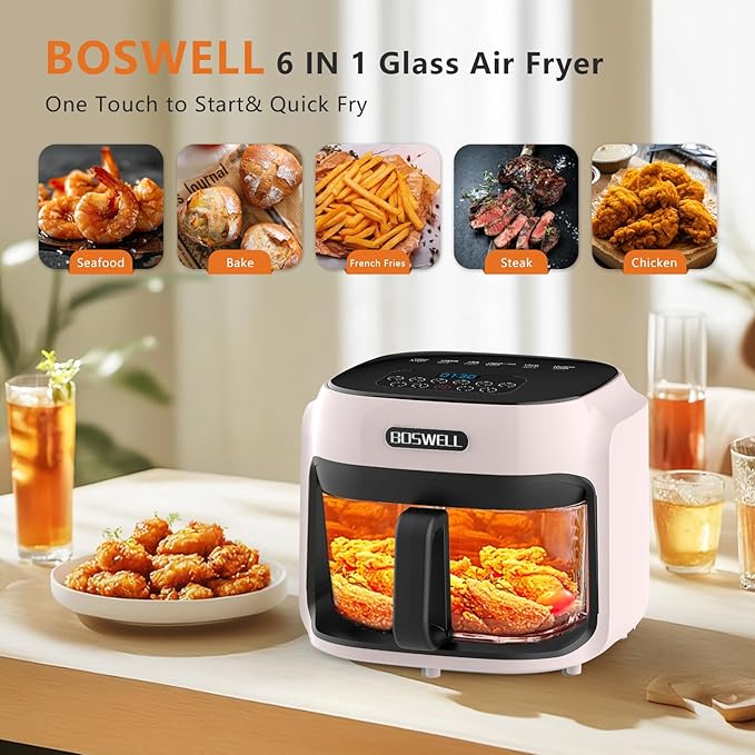 BOSWELL Glass Air Fryer, 7.7QT with Transparent Fry Bowl, Circulating Heating, Temperature Control, Stainless Steel Air Fryer Roast, Dishwasher Safe (white)