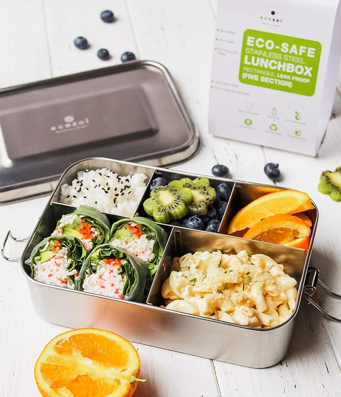 Stainless Steel Lunch Box, 1-Tier Metal Bento Box Leak Proof with 5 Compartments, 50 Oz Metal Lunch Container, Meal Prep Food Container, with 50 ml Sauce Container