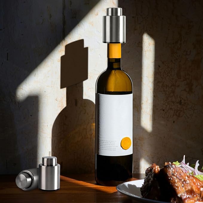 Volkee Wine stoppers vacuum, Wine saver for wine bottles, Wine preserver keep wine fresh, Rescuable wine caps for bottles, Stainless Steel [2 Pack]