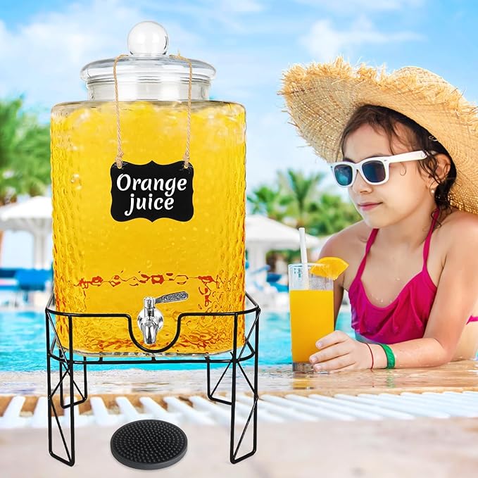 4.6 Gallon Glass Beverage Dispenser with Stand Beverage Dispensers with Ice Cylinder Steel Spigot Hanging Chalkboard Signs Drip Trays Drink Juice Dispenser with Lids for Party Wedding Kitchen