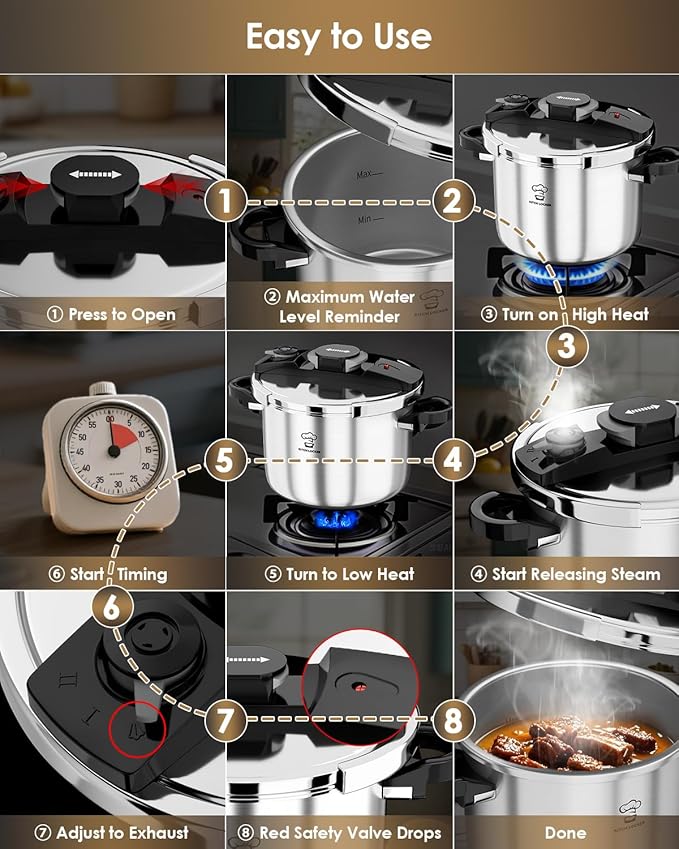 Pressure Cooker Stainless Steel 6.3 Quart,Olla De Presion For 2-3 People[Glass Lid & Steamer Rack Included][Press To Open][Compatible With Induction And Gas Stovetops]
