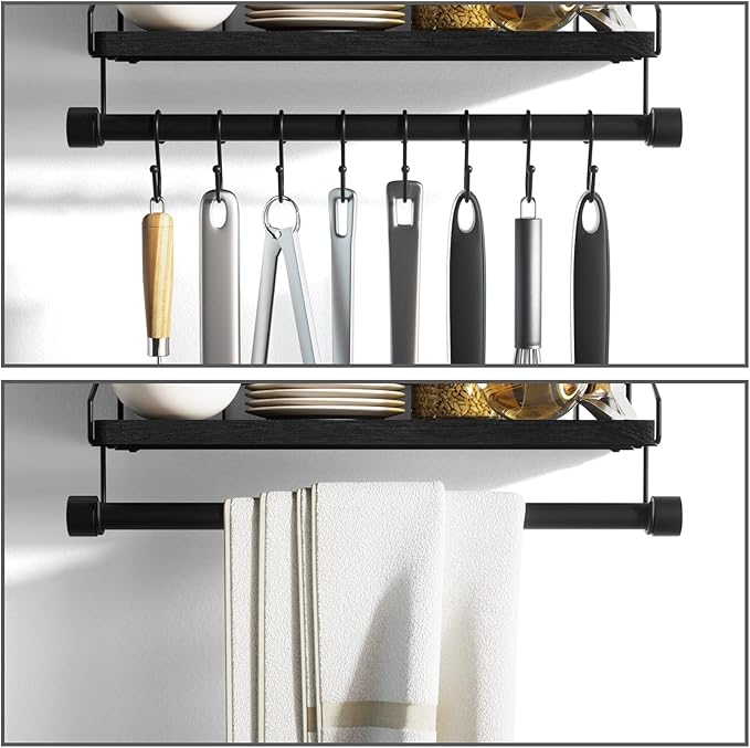 Alsonerbay Floating Shelves Wall Shelves for Bedroom, Bathroom Shelves Wall Mounted with Towel Bar, Kitchen Rustic Wood Shelf with Hooks for Hanging Cooking Utensils or Mugs