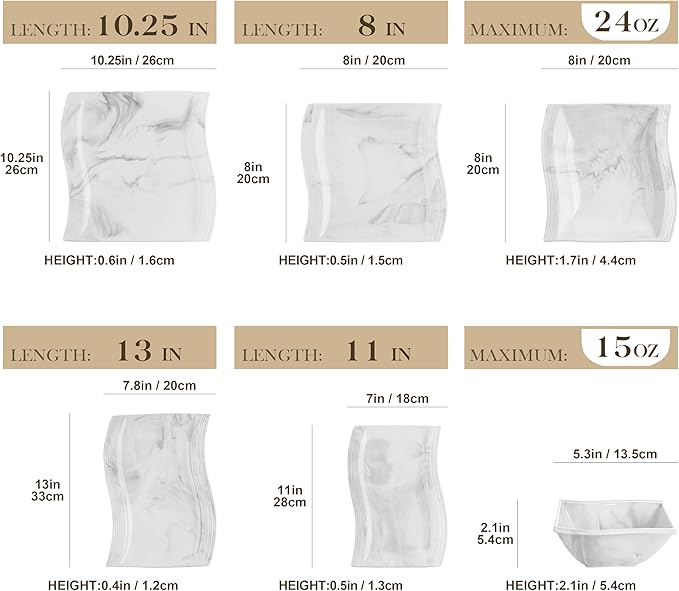 MALACASA Square Dinnerware Sets, 26-Piece Marble Grey Plates and Bowls Sets, Porcelain Dinner Set Microwave Safe, Kitchen Dinnerware Plates Set, Dishes and Bowls, Dish Set for 6, Series Flora