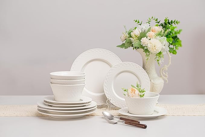12-Piece Ceramic Dinnerware Set for 4 – Ceramic Plate and Bowel sets, Made by Kolin, Annealing, High Porosity and Density, Dense and Translucence (White)