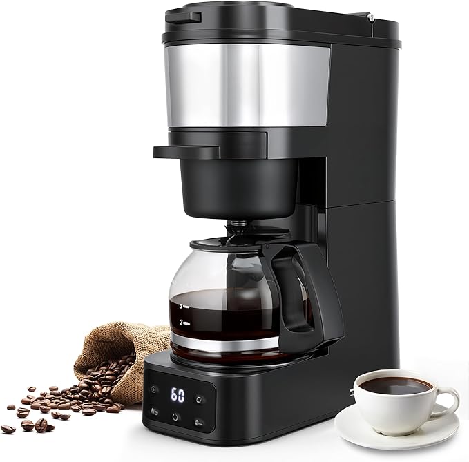 Grind and Brew Coffee Maker,Drip Coffee Maker with Grinder Built In,5-Cup Programmable Coffee Machine with Brew Strength,Warming Plate and Multiple Grind Levels for Home & Office
