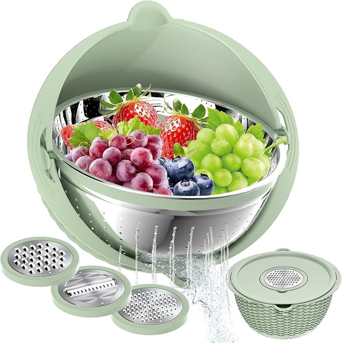 4 in 1 Colander with Bowl Set, Food Strainers and Colanders, Colander for Kitchen, Pasta Strainer, Fruit Washing Bowl, Kitchen Essentials Strainer Basket Bowl, Green
