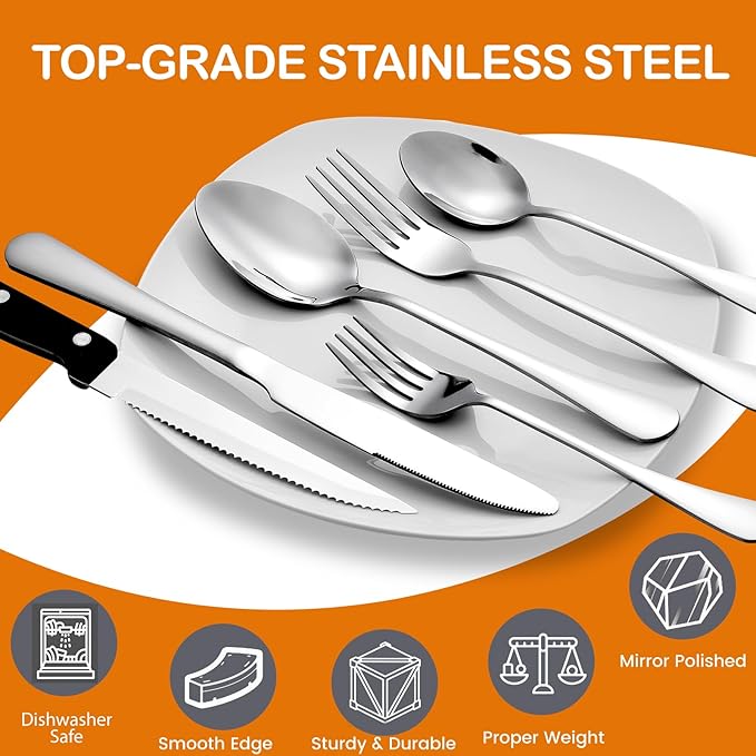 49 Piece Silverware Set with Organizer - Stainless Steel Cutlery Set for 8, White Elephant Christmas Gifts kitchen Utensil Flatware with Steak Knives, Spoons and Forks, Dishwasher Safe, Rust-proof