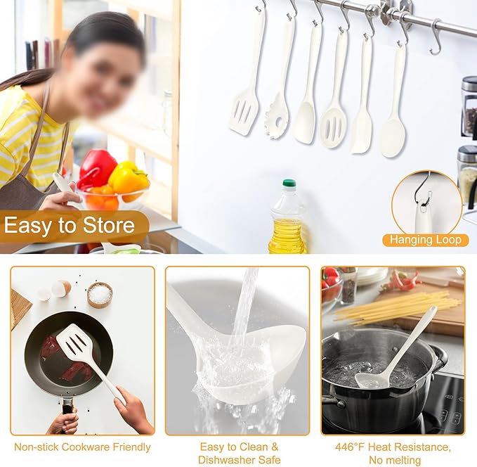 TeamFar Silicone Cooking Utensils Set, 7-Piece Heat Proof Kitchen Utensils Set, Kitchen Tools Spatula Turner Ladle Spoon Pasta Fork for Nonstick Cookware, Non-Toxic & Dishwasher Safe, White