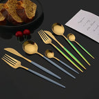 JASHII Flatware Set 24 Piece, Stainless Steel Silverware Set, Macaron Small Fresh Color Cutlery Set, Modern Elegant Tableware Set for Party, Christmas, Dinner (Haze Blue Gold)